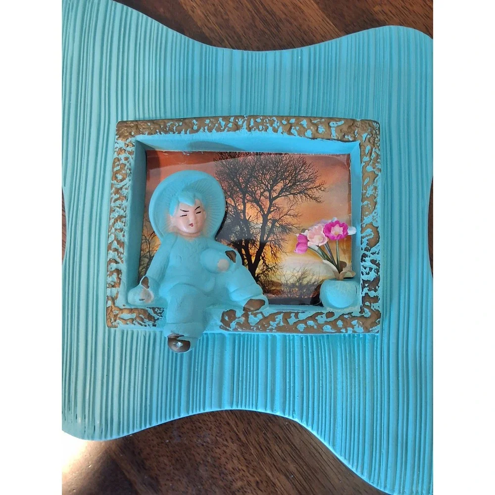 Vintage Open-Book Plaques Aqua Blue Mid Century Modern Oriental Pair 3D Wall Art